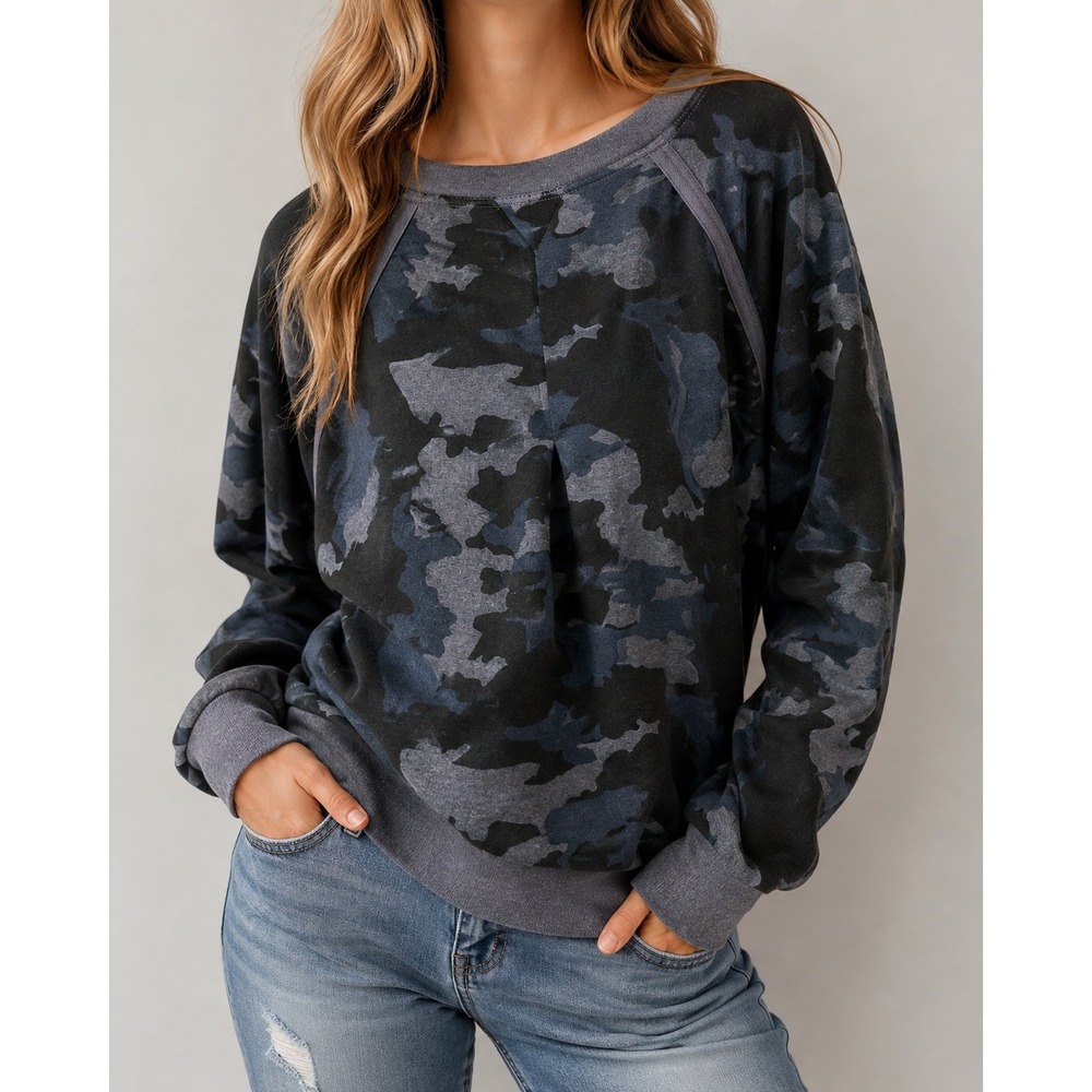 Prana Camo Sweatshirt Womens 1X Blue Camo Hemp Blend Pleated Back Grunge Comfy